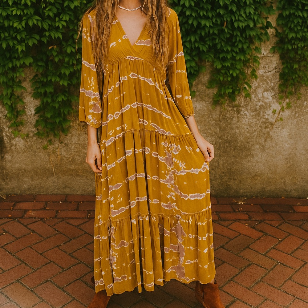YOUNG, FABULOUS, AND BROKE Gold Batik Maxi Dress, S